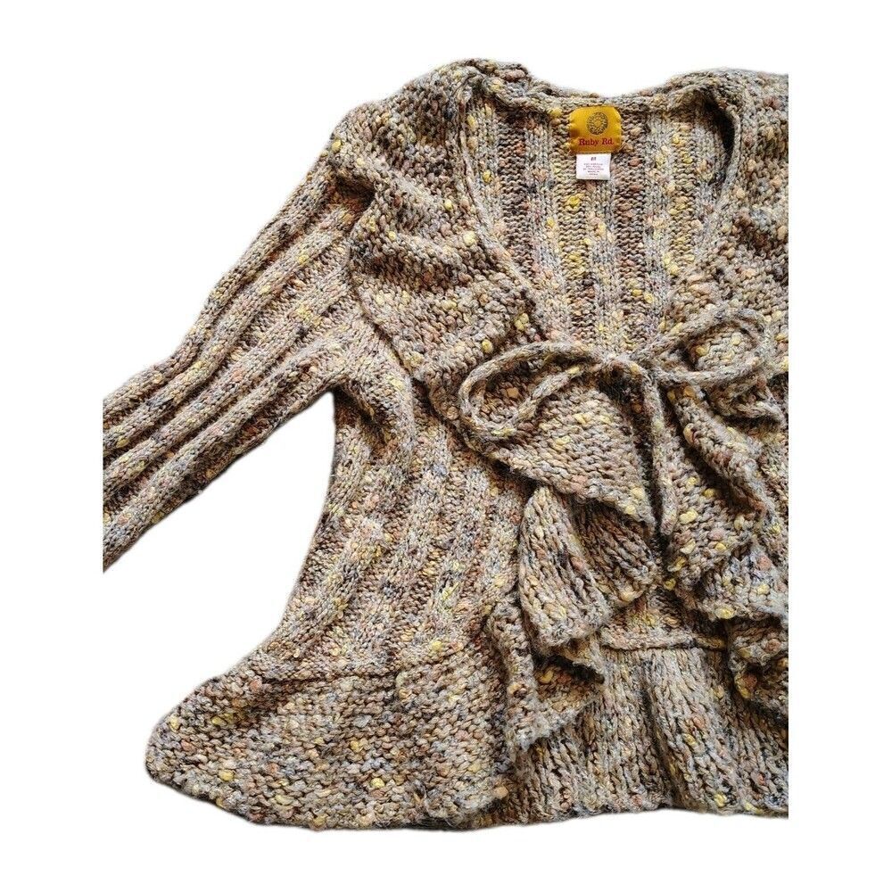 Y2K Womens Boho Tie Front Ruffle Peplum Cardigan Size M Chunky Textured Knit